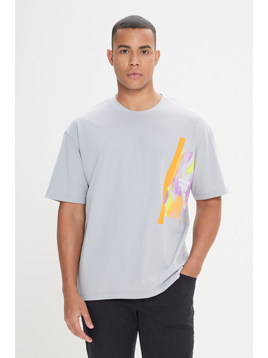Erkek Gri Loose Fit Bol Kesim %100 Pamuk Yumuşak Dokulu Baskılı Bisiklet Yaka Tişört