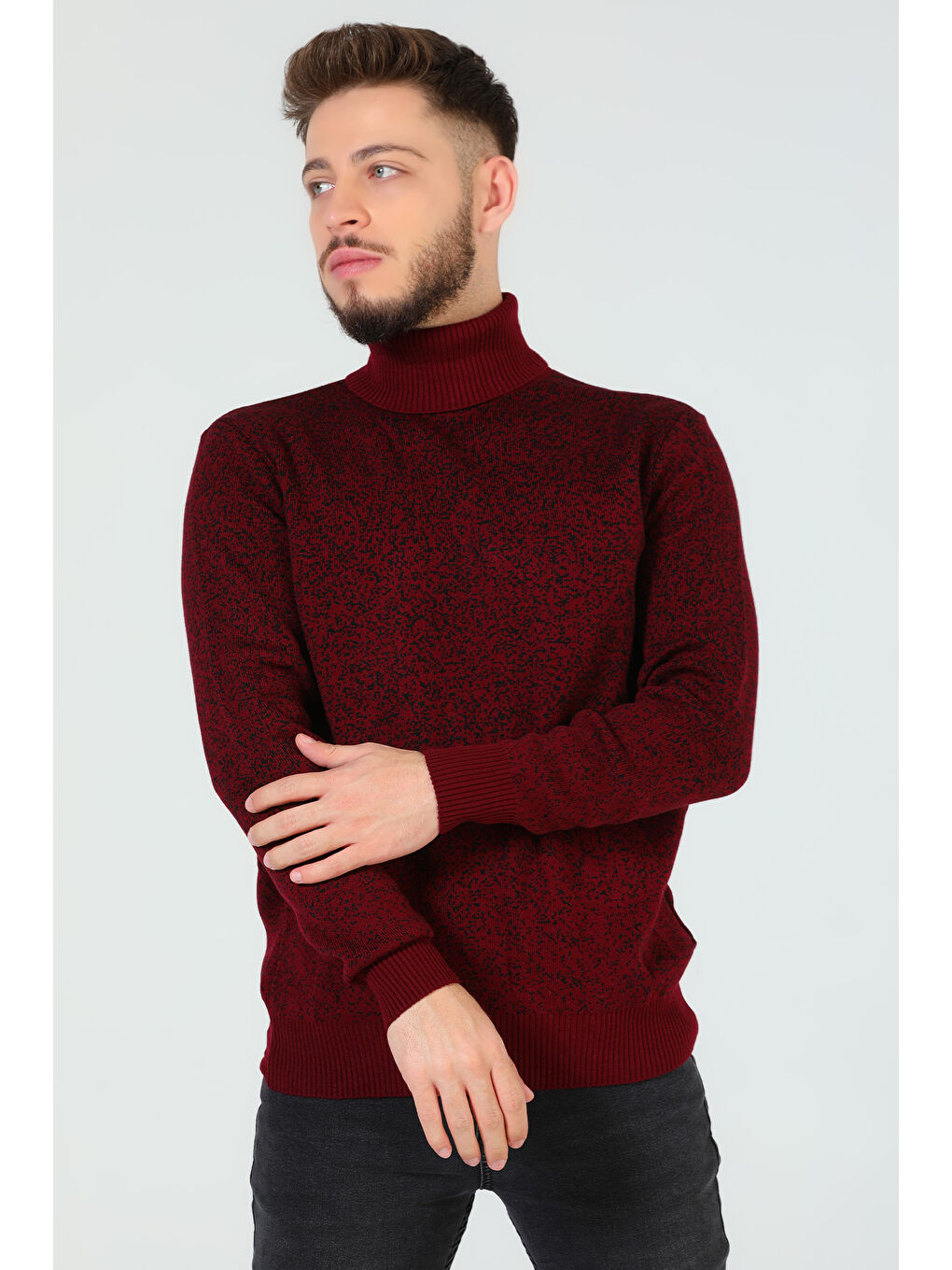 Bordo Erkek Balıkçı Yaka Desenli Triko Kazak-2