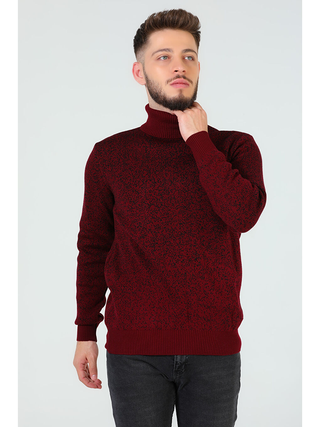 Bordo Erkek Balıkçı Yaka Desenli Triko Kazak-3