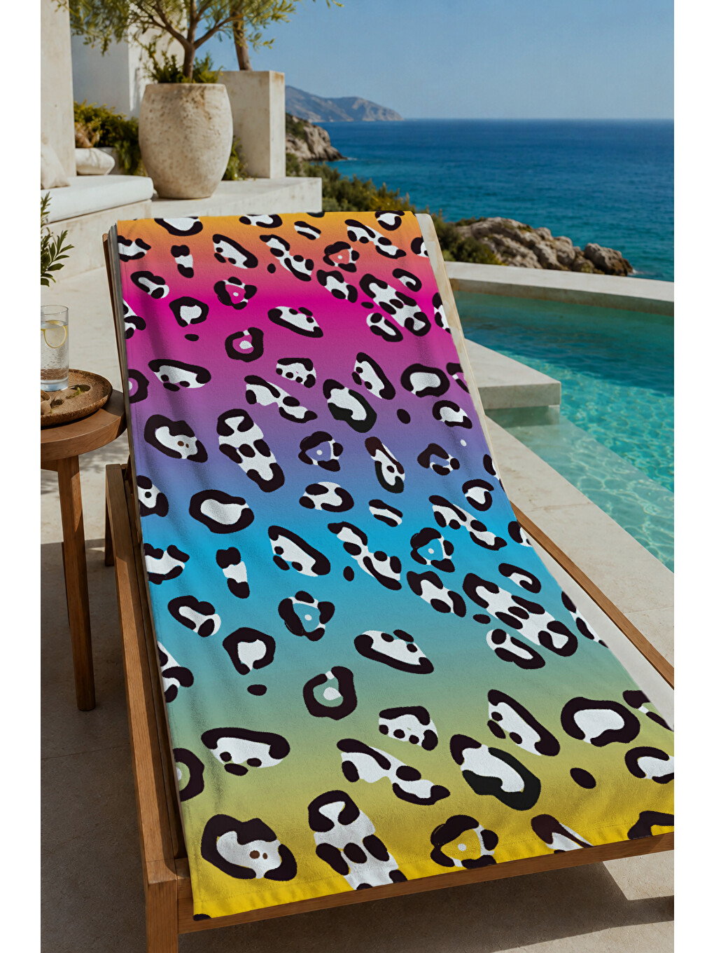 Pembe Renkli Degrade Leopar Desenli 70x150 Cm Dijital Baskılı Plaj Ve Banyo Havlusu