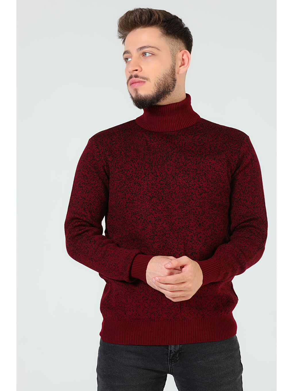 Bordo Erkek Balıkçı Yaka Desenli Triko Kazak-4
