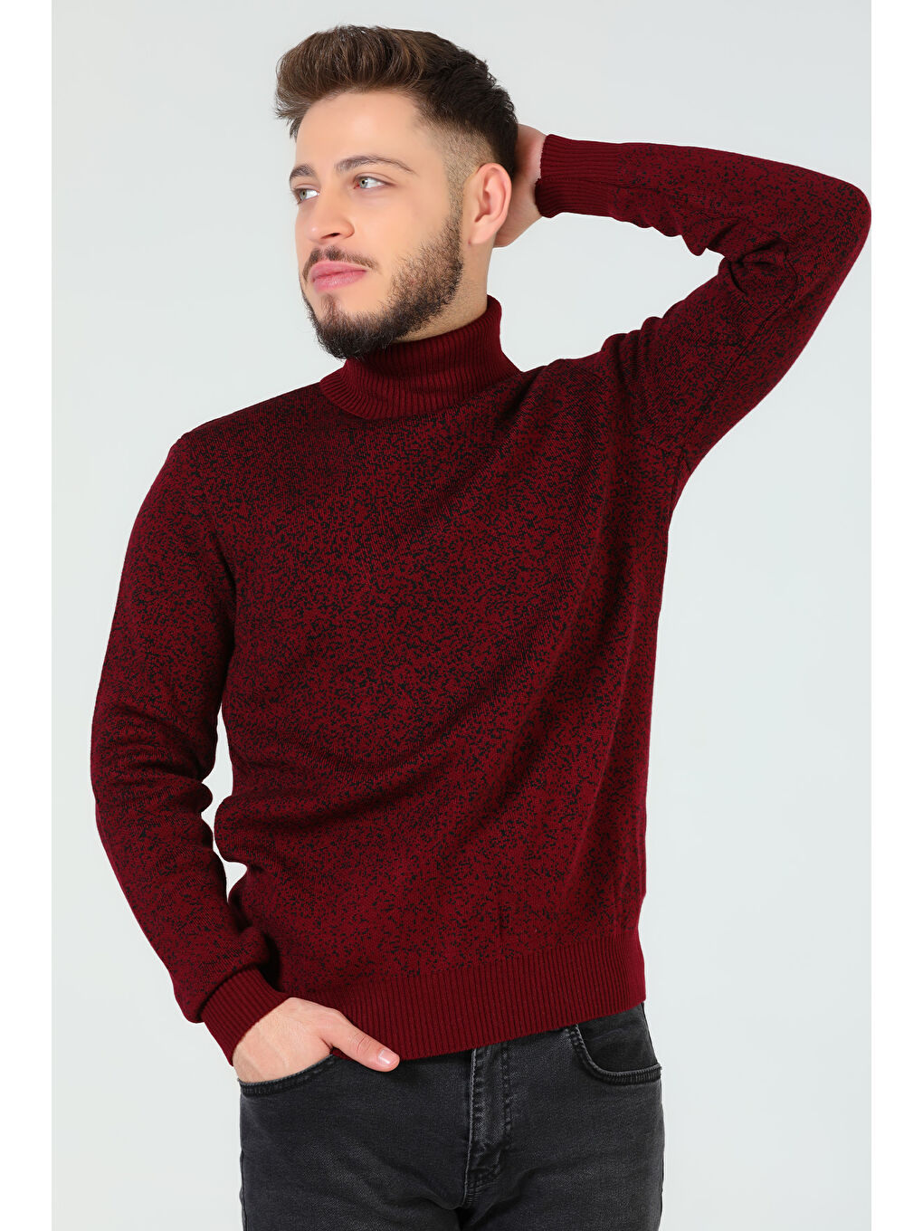 Bordo Erkek Balıkçı Yaka Desenli Triko Kazak-5