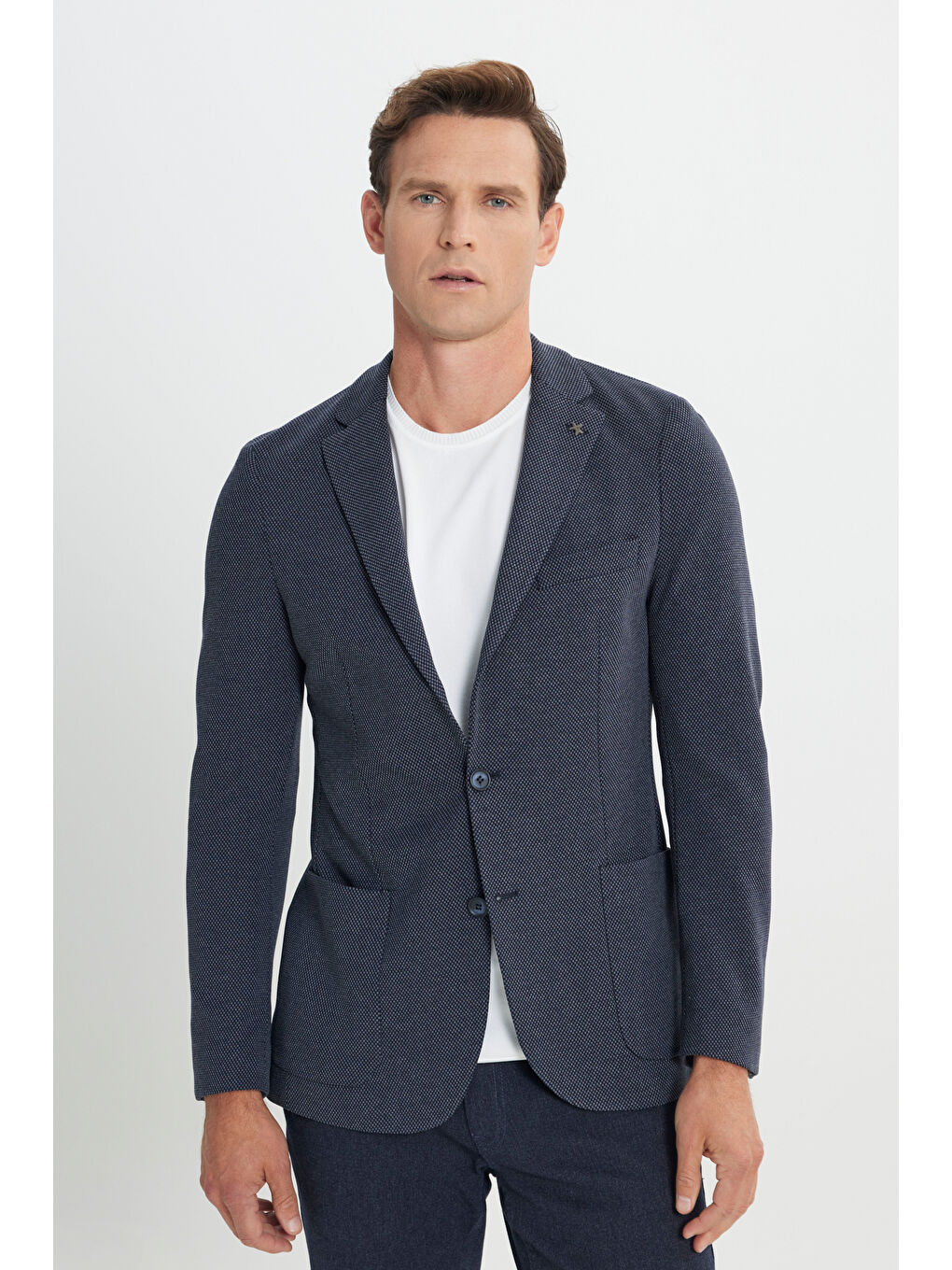 Erkek Lacivert Slim Fit Dar Kesim Mono Yaka Desenli Torba Cepli Ceket-2