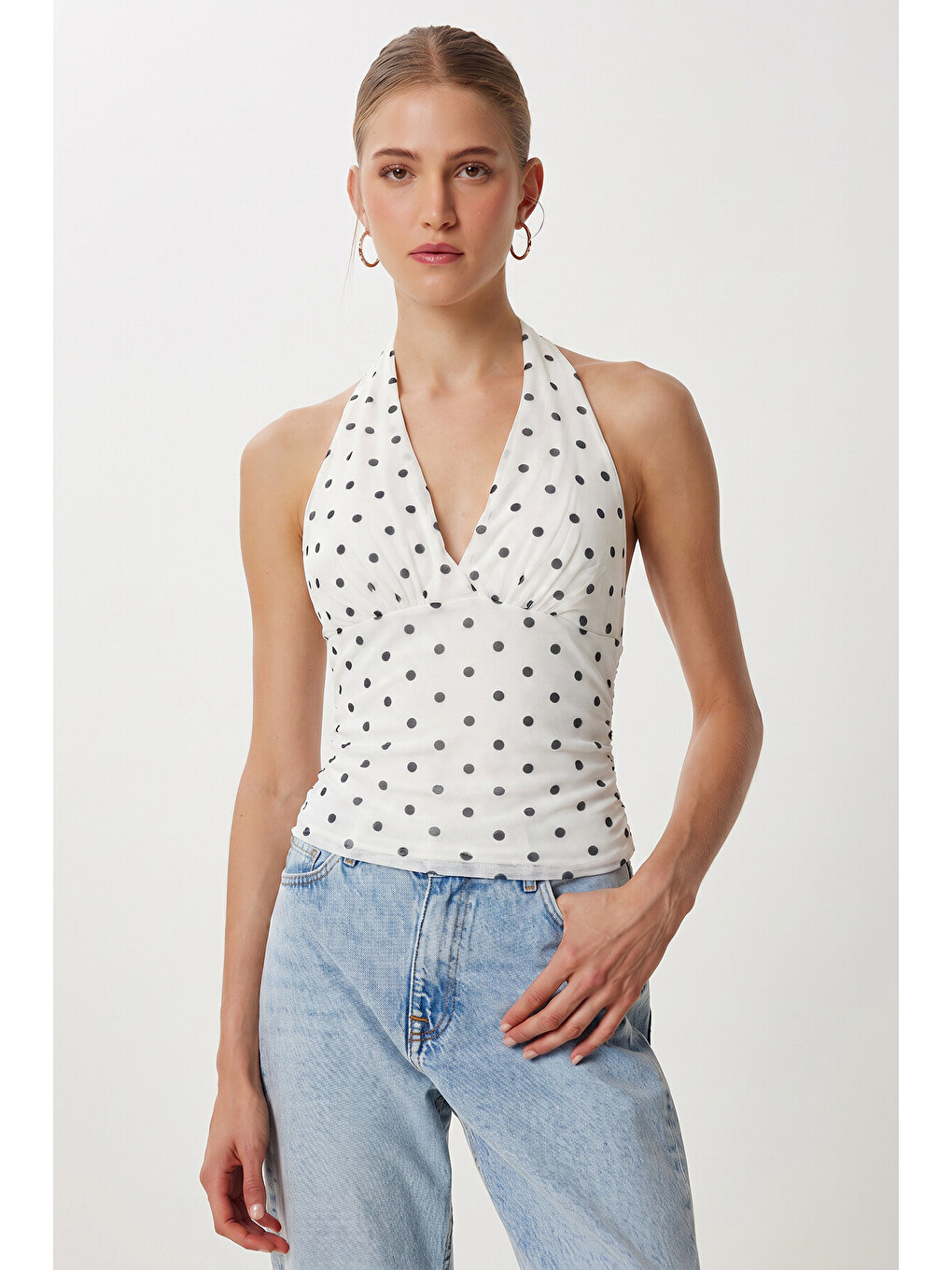 Ekru Puantiye Desenli Crop Tül Bluz EKRU LFW0023