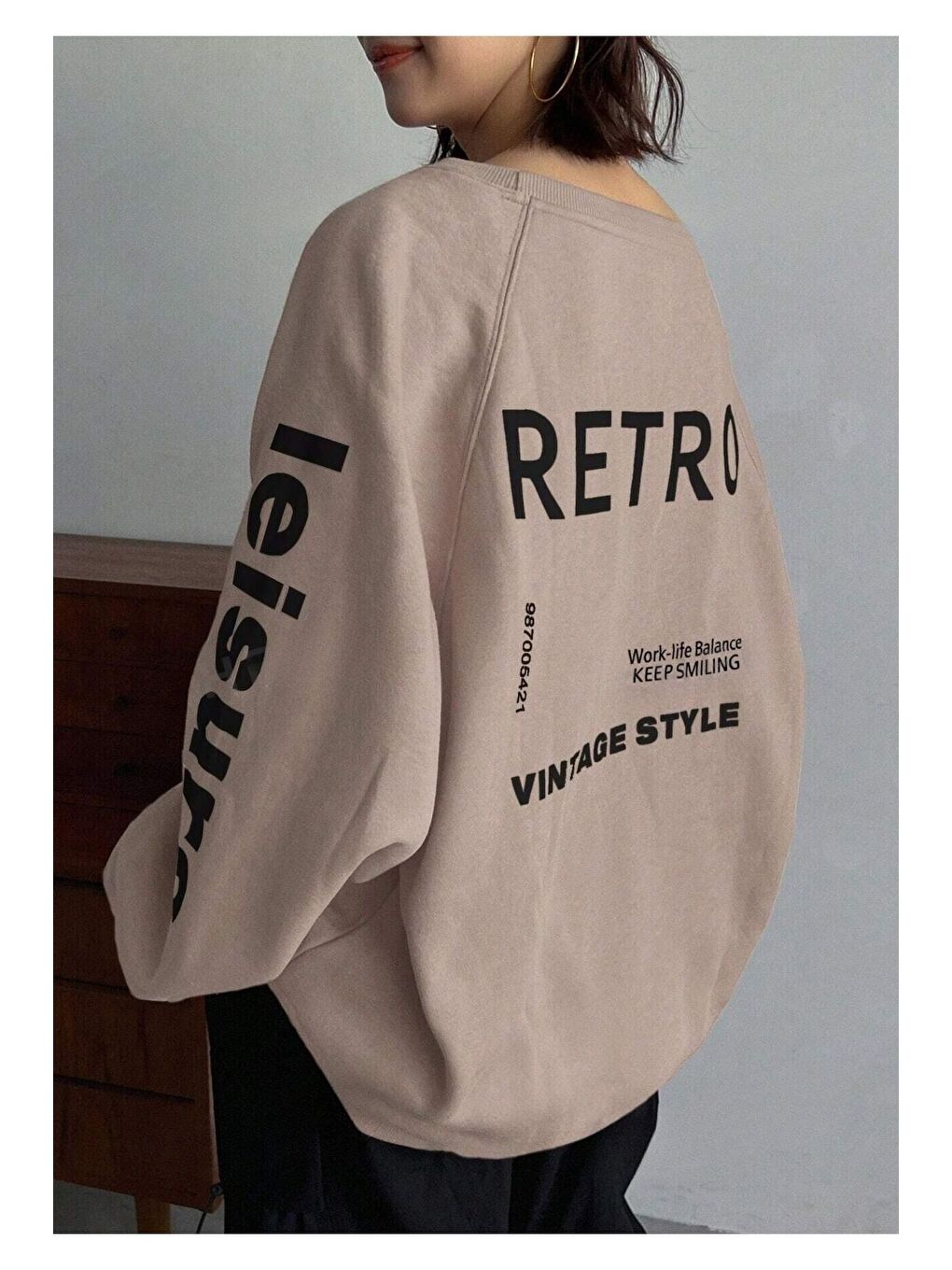 Trendseninle Vizon Kadın Vizon Retro Sırt ve Kolları Baskılı Oversize Bisiklet Yaka Reglan Kol Sweatshirt