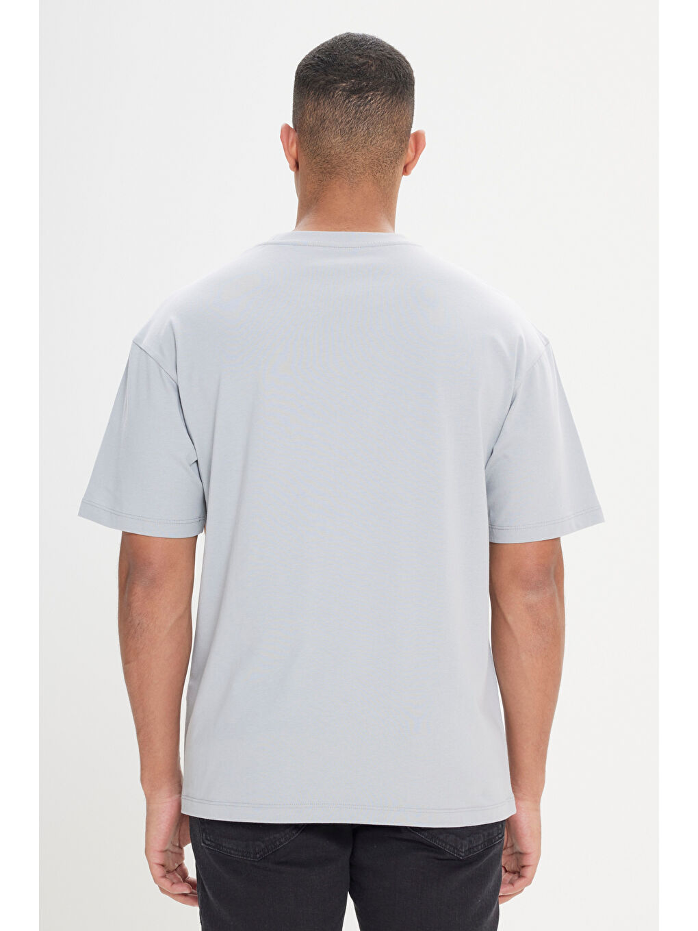 Erkek Gri Loose Fit Bol Kesim %100 Pamuk Yumuşak Dokulu Baskılı Bisiklet Yaka Tişört-4