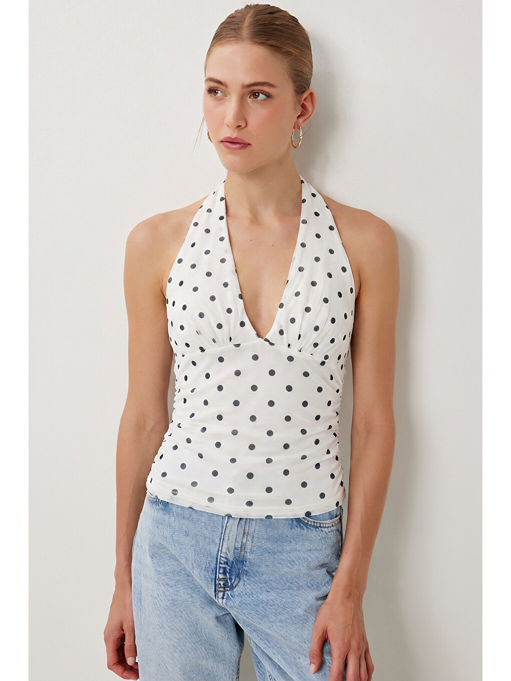 Ekru Puantiye Desenli Crop Tül Bluz EKRU LFW0023-1
