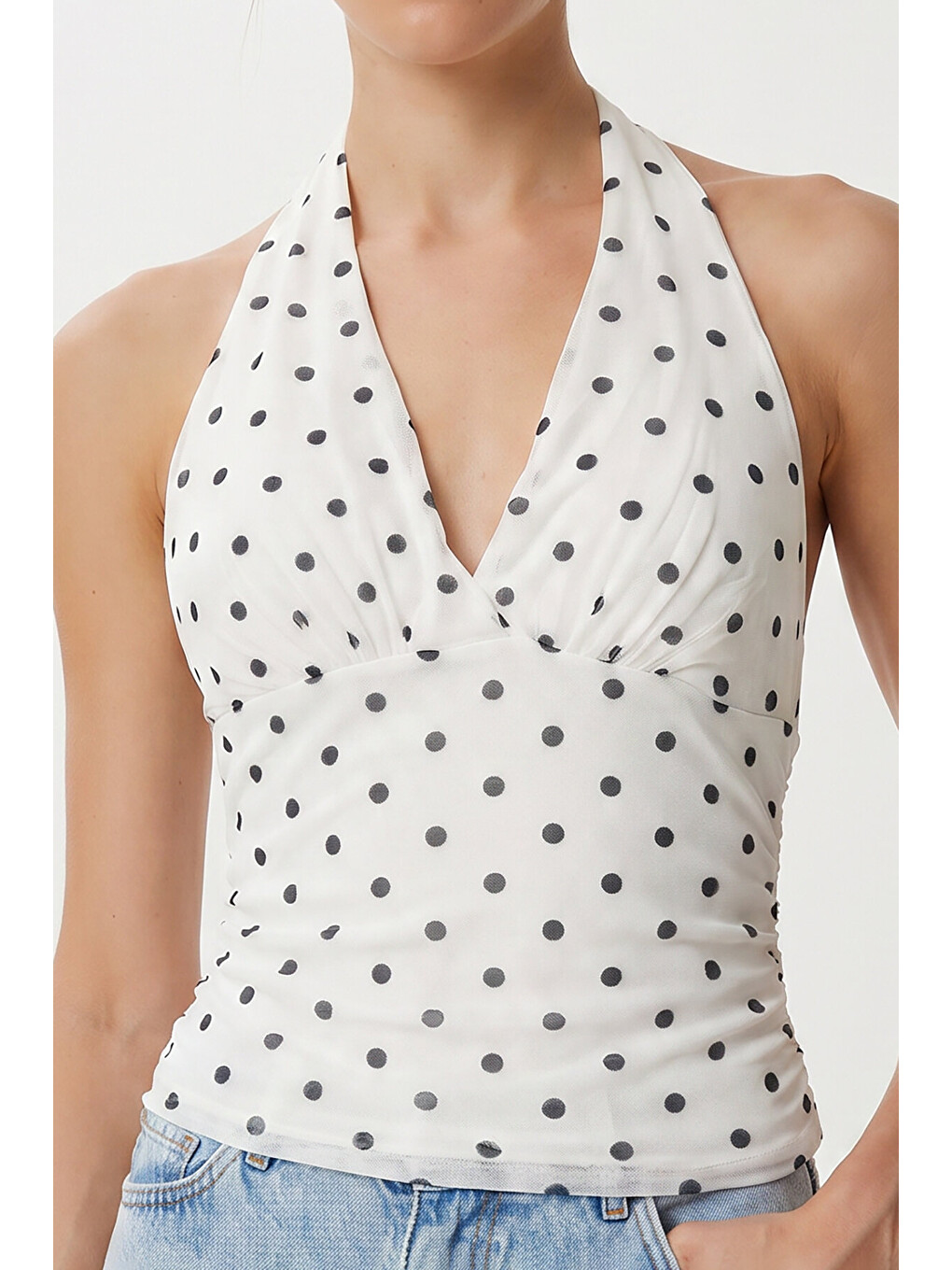 Ekru Puantiye Desenli Crop Tül Bluz EKRU LFW0023-2
