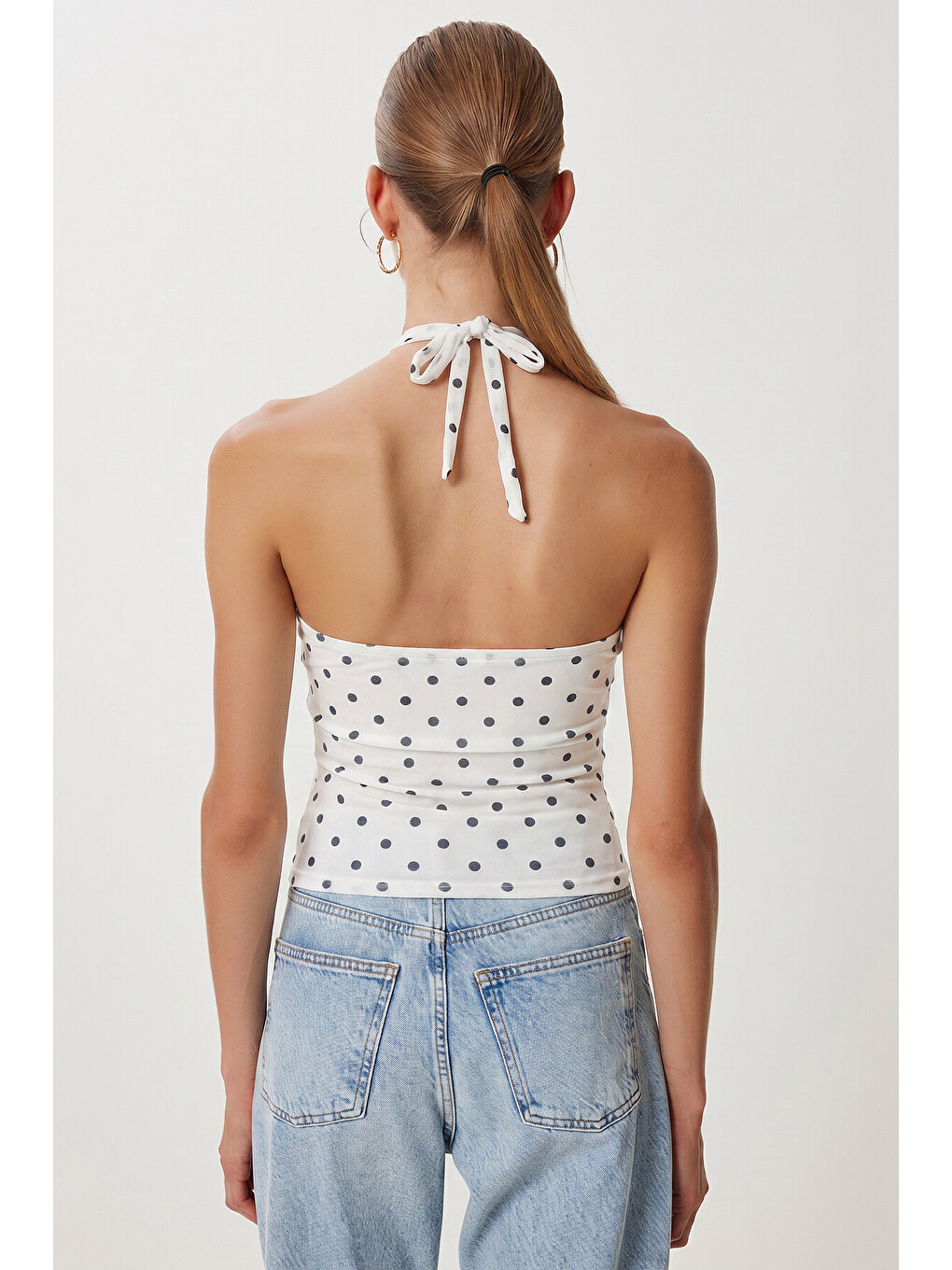 Ekru Puantiye Desenli Crop Tül Bluz EKRU LFW0023-3