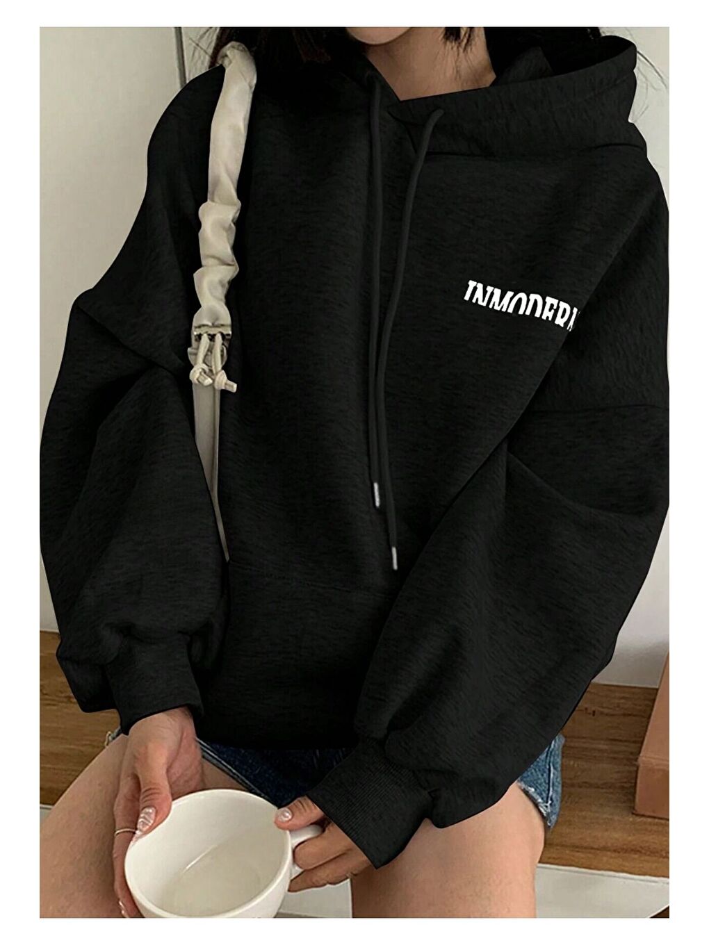 Trendseninle Siyah Kadın Siyah Inmodern Baskılı Oversize Kapüşonlu Sweatshirt Hoodie