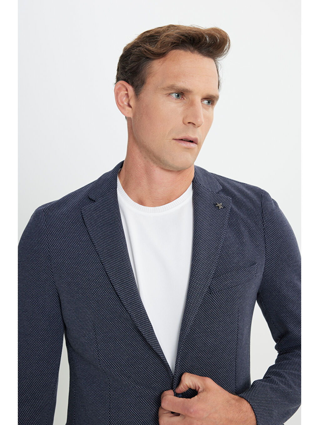 Erkek Lacivert Slim Fit Dar Kesim Mono Yaka Desenli Torba Cepli Ceket-3