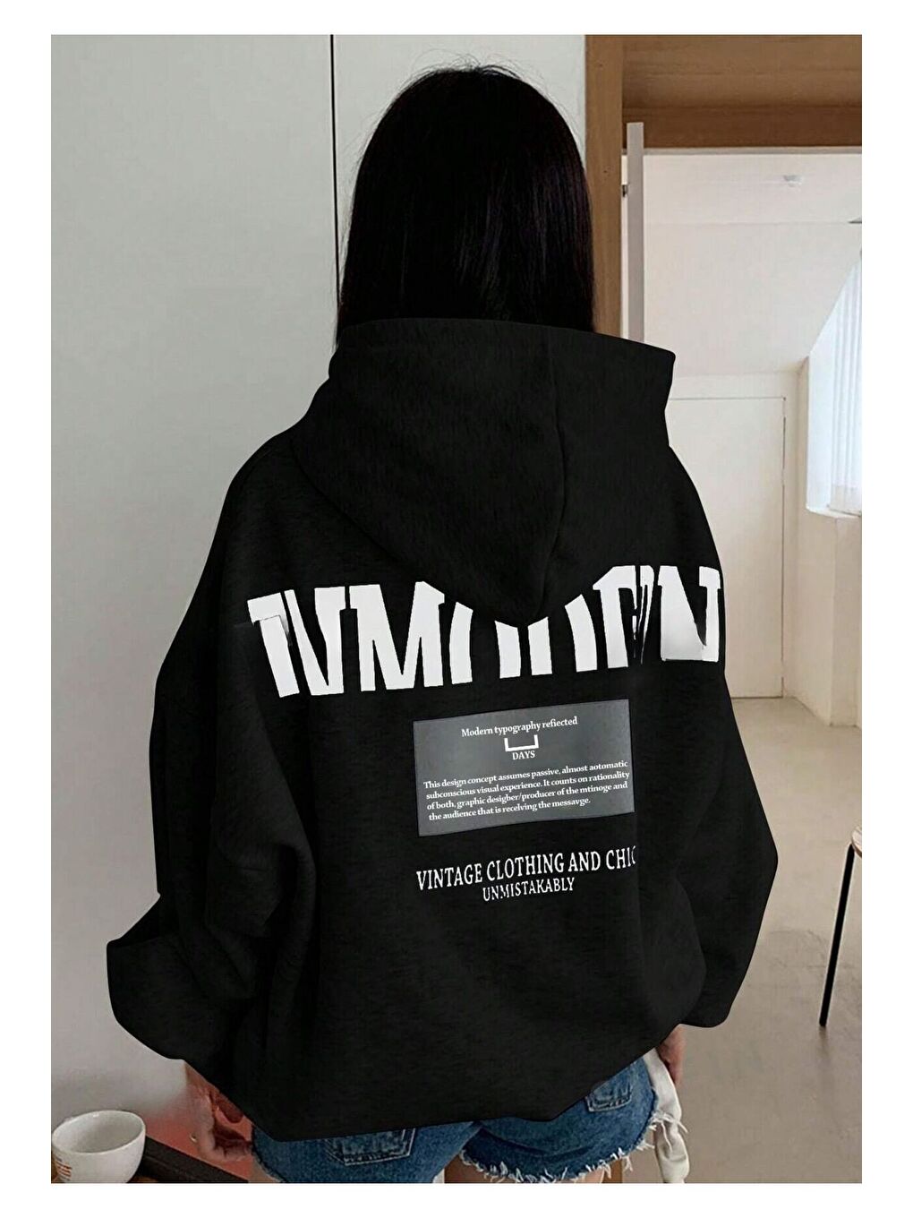 Trendseninle Siyah Kadın Siyah Inmodern Baskılı Oversize Kapüşonlu Sweatshirt Hoodie - 1