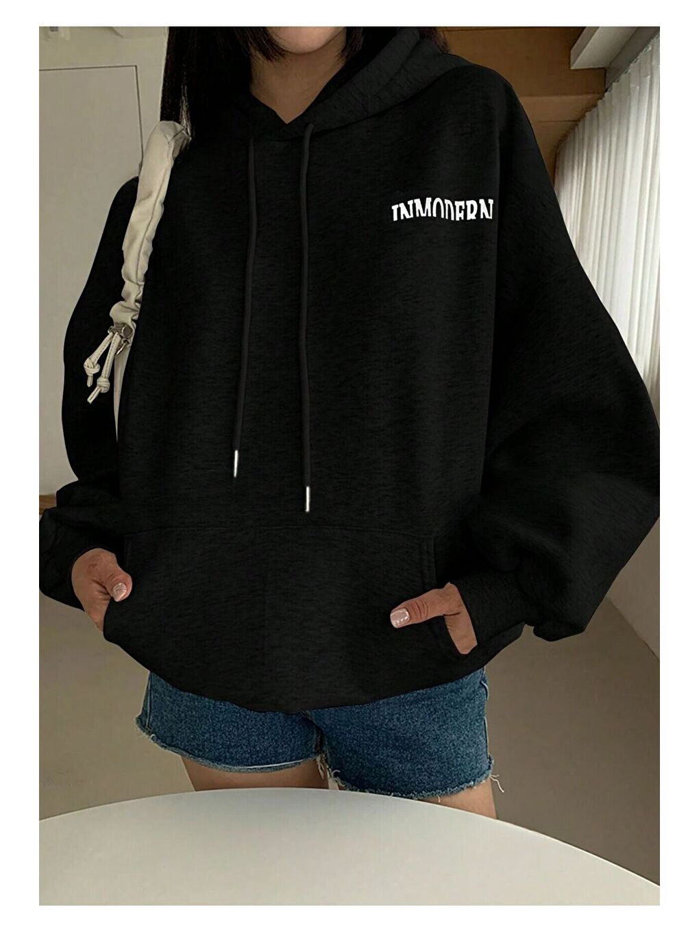 Trendseninle Siyah Kadın Siyah Inmodern Baskılı Oversize Kapüşonlu Sweatshirt Hoodie - 4