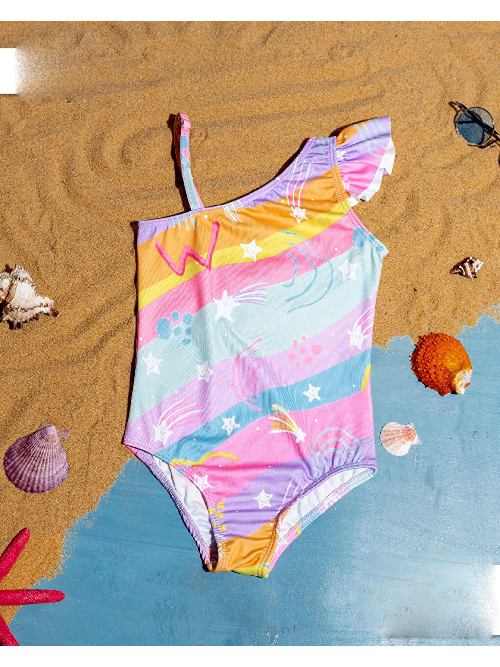 Karışık Yıldız Baskılı Kız Çocuk Mayo 3352