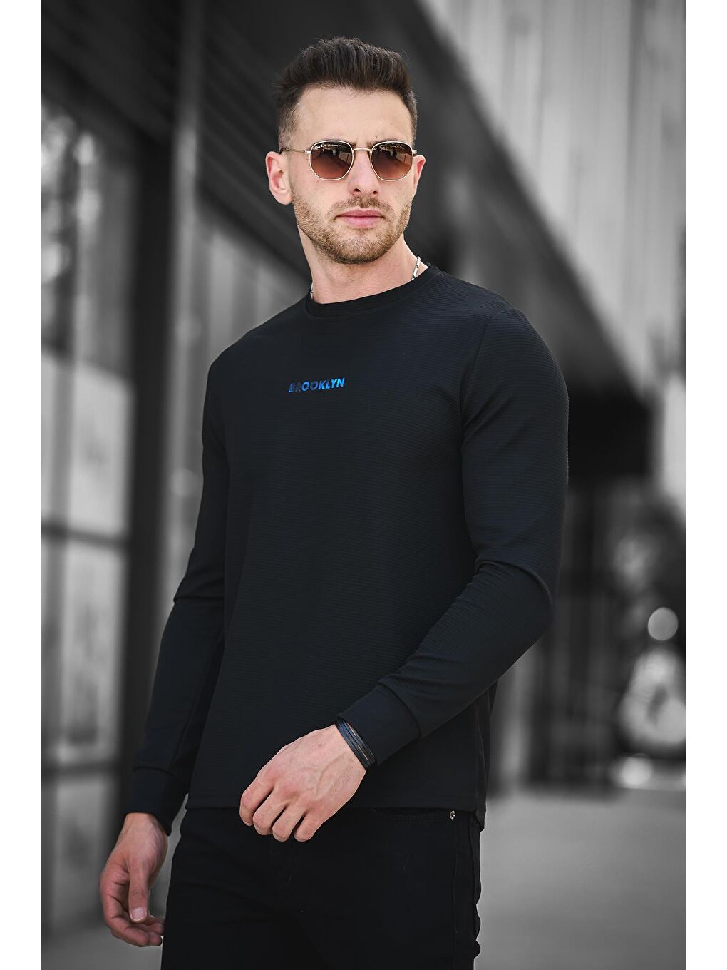 Siyah Gorry Brooklyn Baskılı Çizgili Slim Fit Elastanlı Erkek Sweatshirt