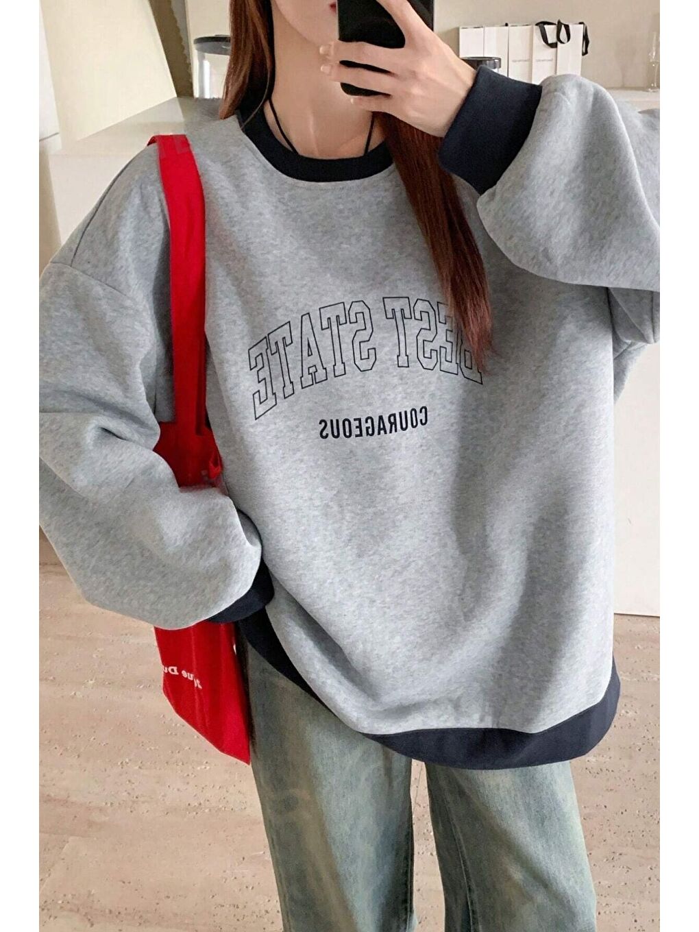 Trendseninle Gri Kadın Gri Yaka Detay Best State Baskılı Bisiklet Yaka Oversize Sweatshirt