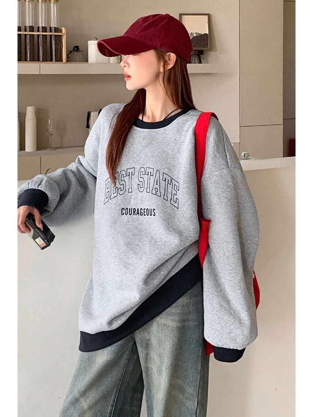 Trendseninle Gri Kadın Gri Yaka Detay Best State Baskılı Bisiklet Yaka Oversize Sweatshirt - 2