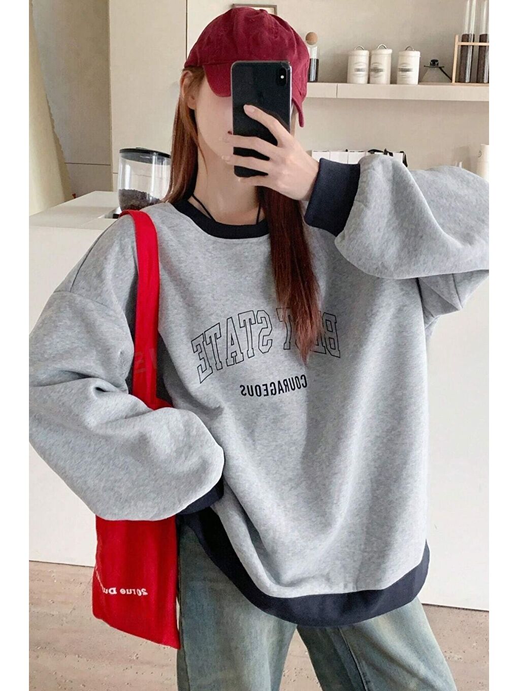 Trendseninle Gri Kadın Gri Yaka Detay Best State Baskılı Bisiklet Yaka Oversize Sweatshirt - 3