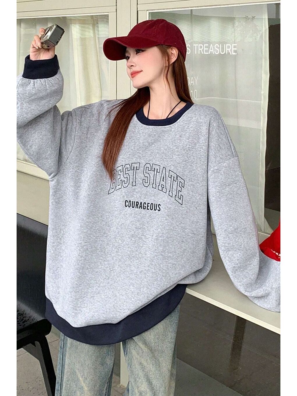 Trendseninle Gri Kadın Gri Yaka Detay Best State Baskılı Bisiklet Yaka Oversize Sweatshirt - 4