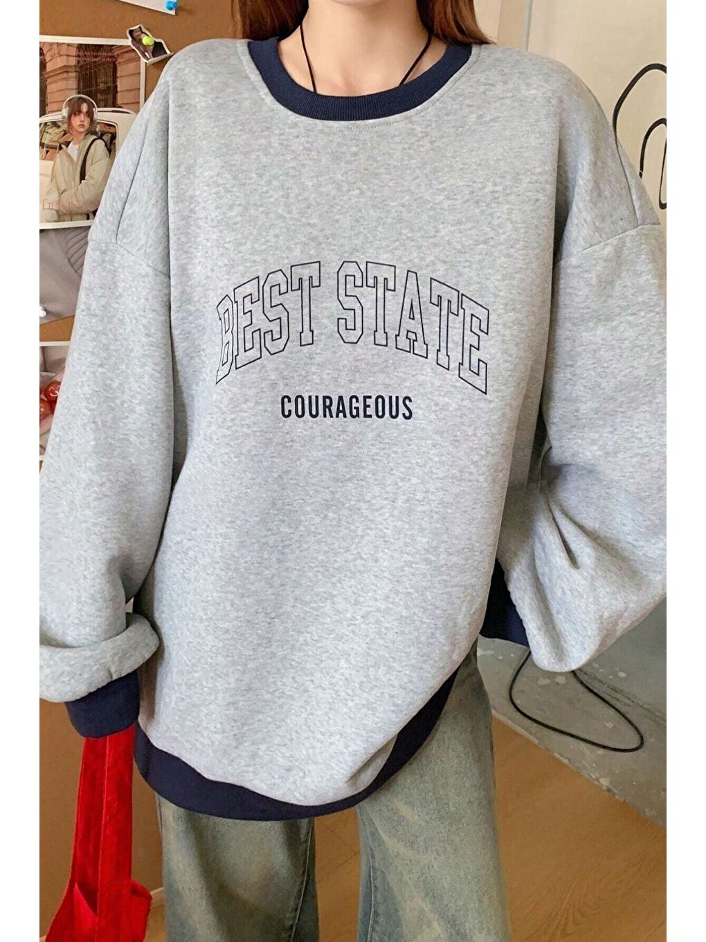 Trendseninle Gri Kadın Gri Yaka Detay Best State Baskılı Bisiklet Yaka Oversize Sweatshirt - 5