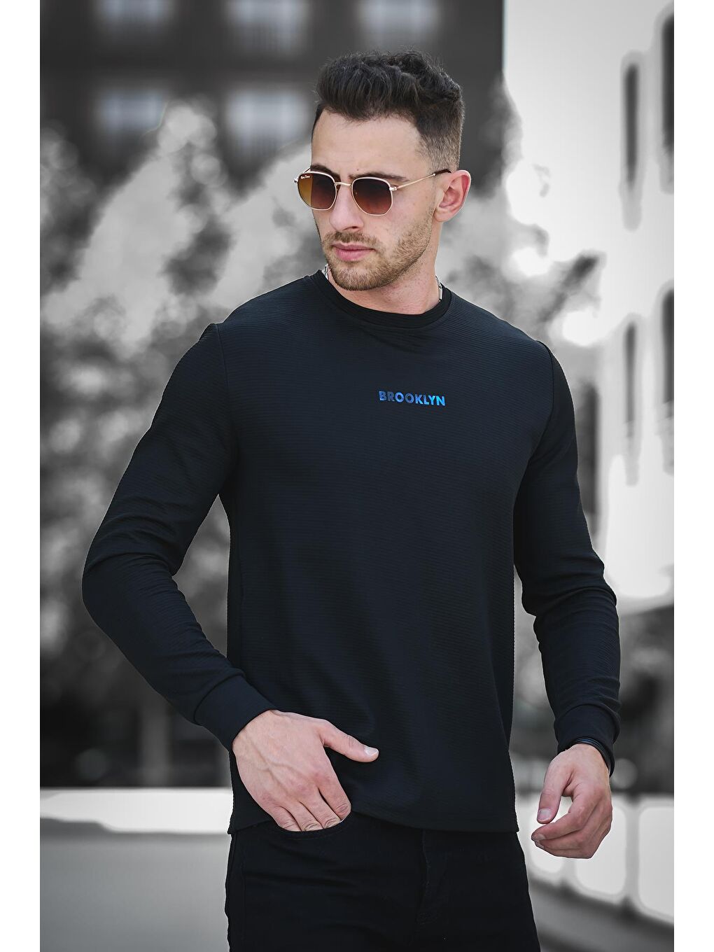 Siyah Gorry Brooklyn Baskılı Çizgili Slim Fit Elastanlı Erkek Sweatshirt-1