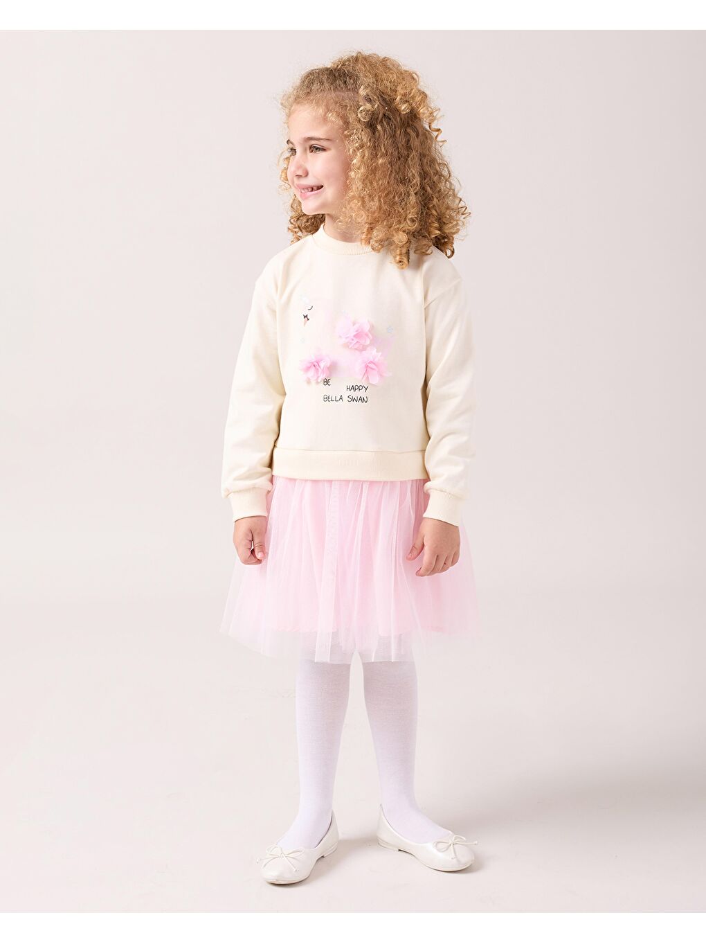 Karışık Kız Çocuk Pamuklu Ekru Sweatshirt Detaylı Pembe Tüllü Elbise - Çiçek Aplikeli-1