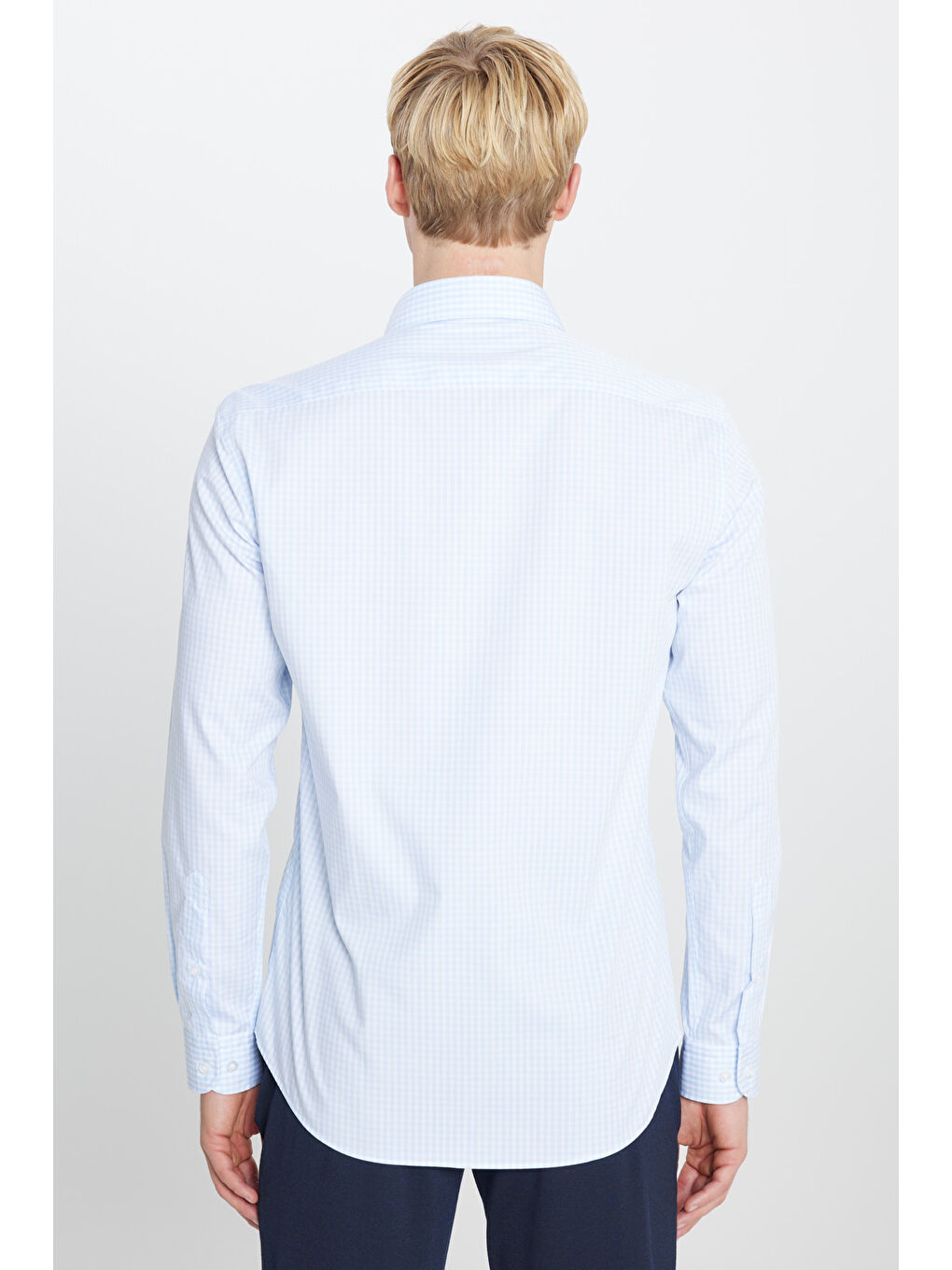 Erkek Mavi-Beyaz Ütü Gerektirmeyen %100 Pamuk Slim Fit Klasik Yaka Gömlek-4