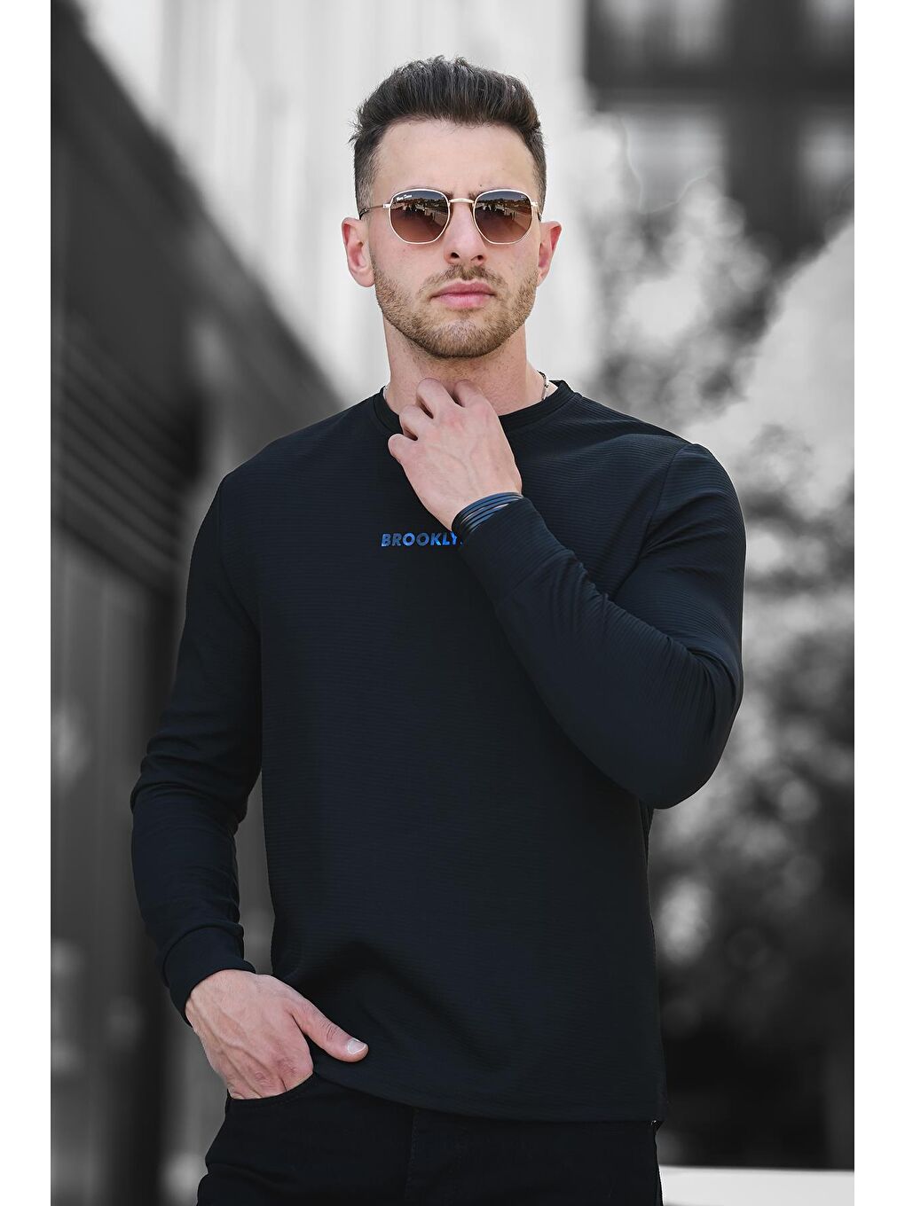 Siyah Gorry Brooklyn Baskılı Çizgili Slim Fit Elastanlı Erkek Sweatshirt-2