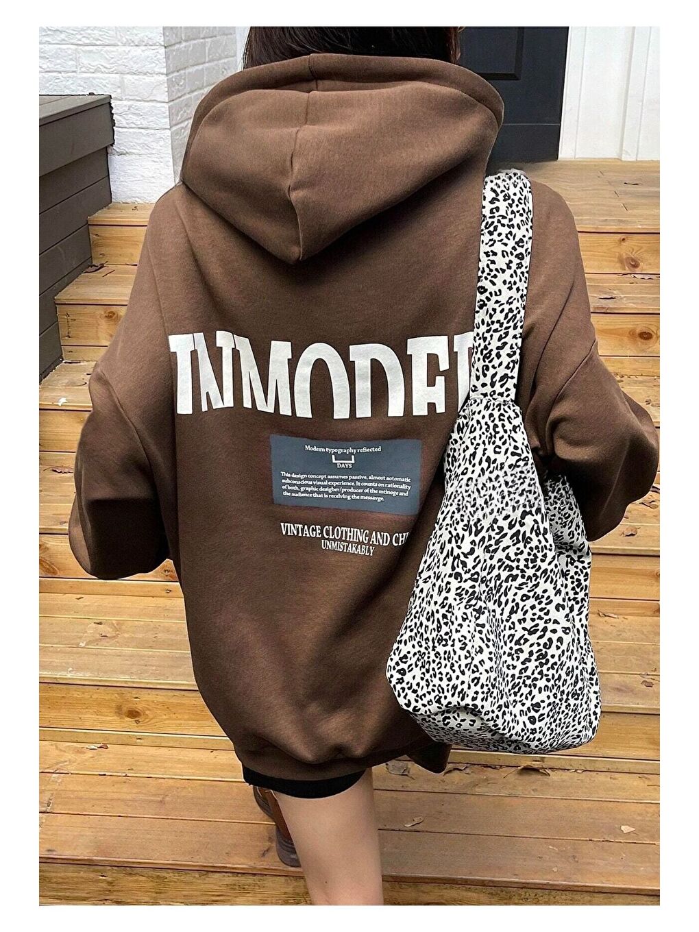 Trendseninle Kahverengi Kadın Kahverengi Inmodern Baskılı Oversize Kapüşonlu Sweatshirt Hoodie - 6