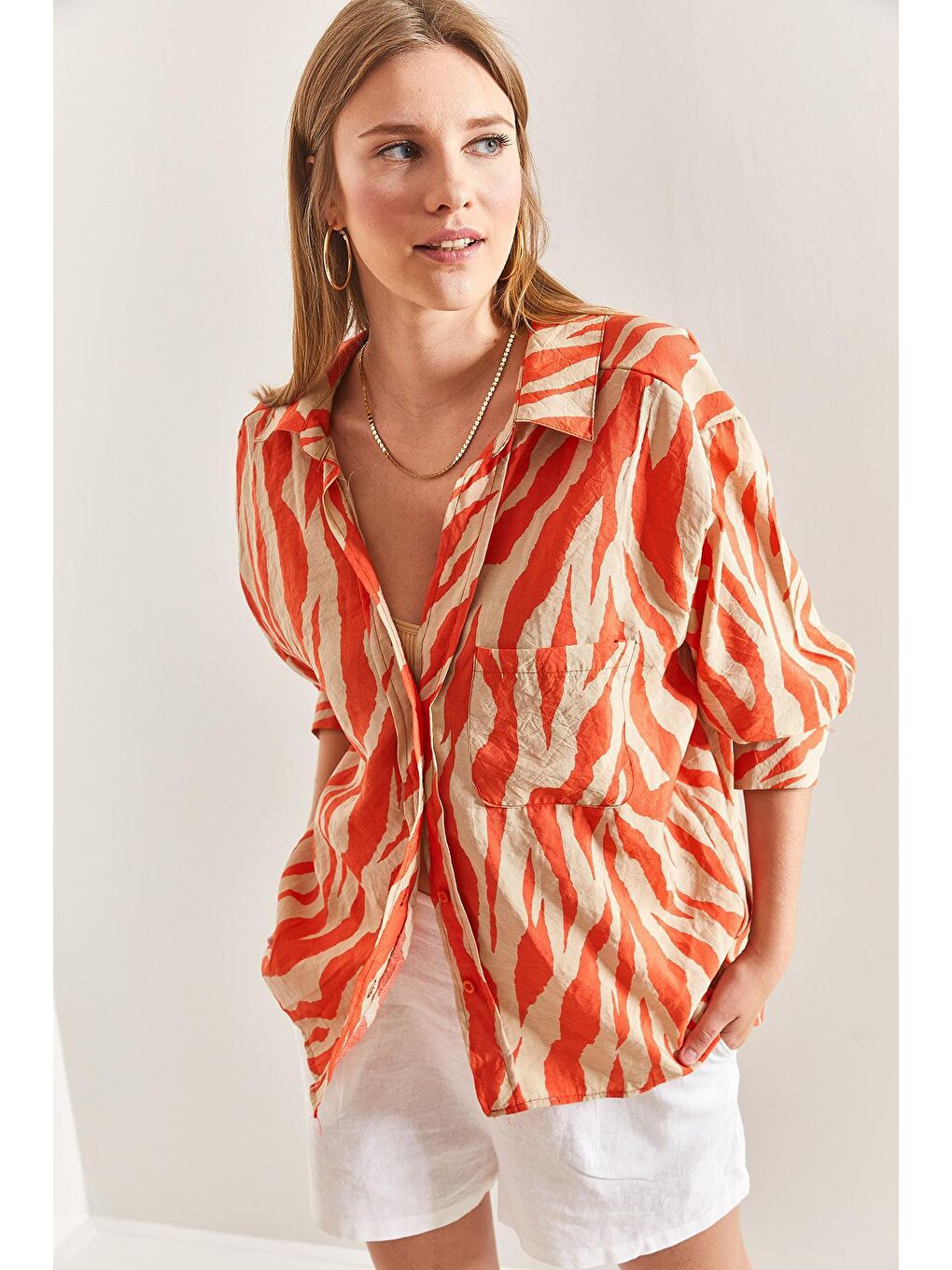 Tek Cepli Baskılı Desenli Gömlek - Turuncu-5