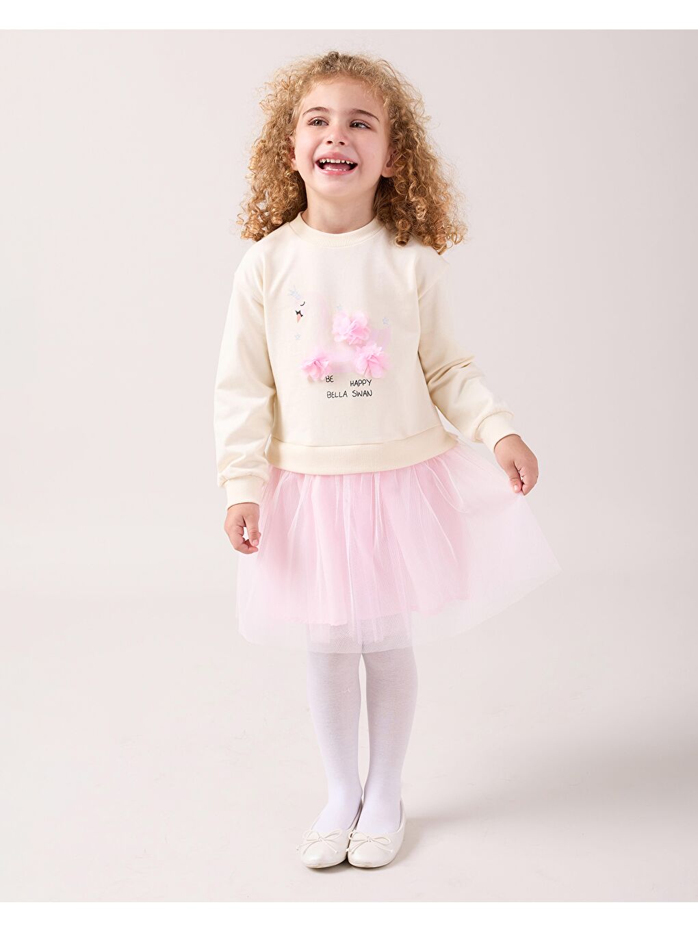 Karışık Kız Çocuk Pamuklu Ekru Sweatshirt Detaylı Pembe Tüllü Elbise - Çiçek Aplikeli-3
