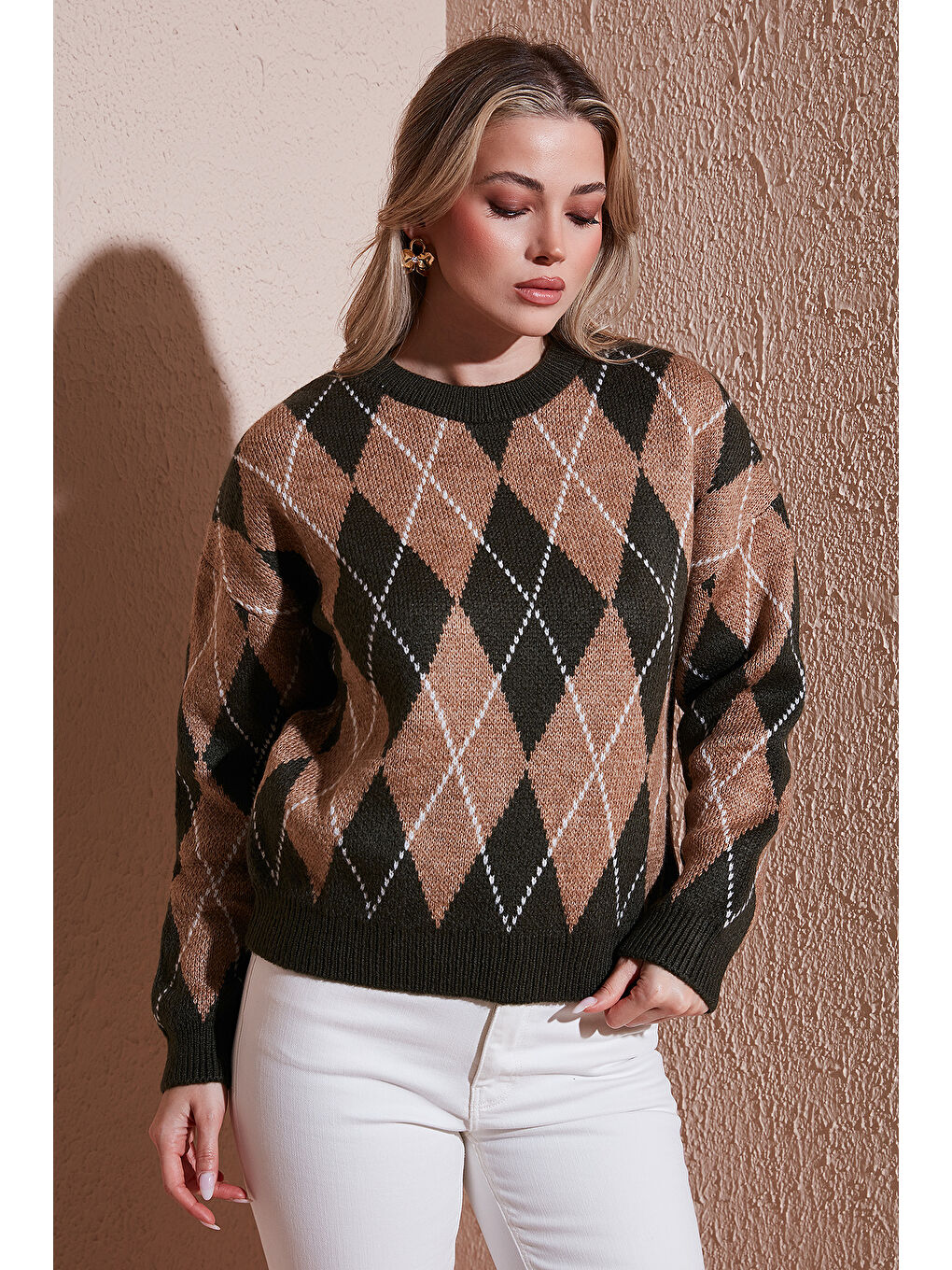 Haki Regular Fit Baklava Desenli Bisiklet Yaka Kazak 25K0081K1-1