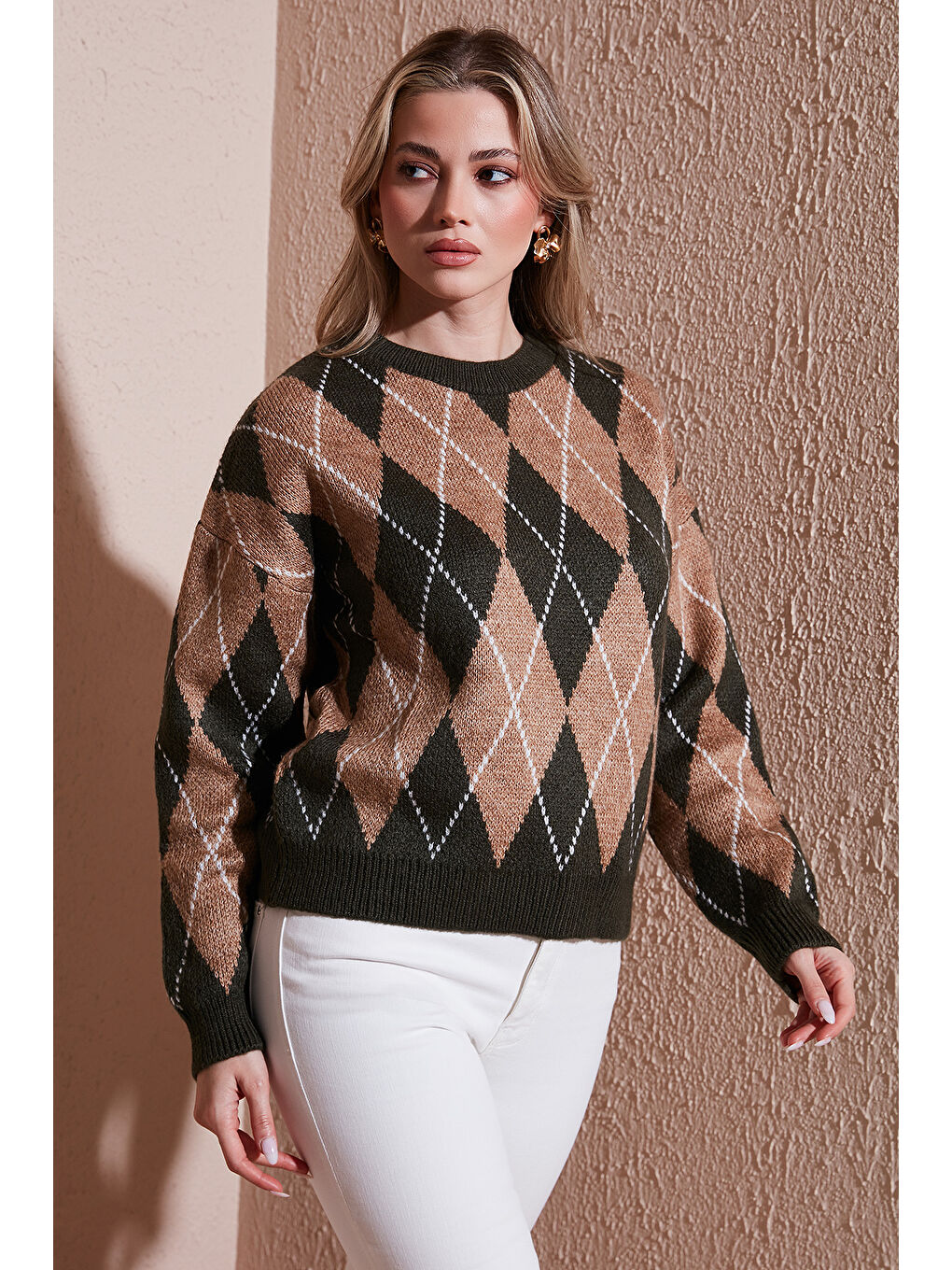 Haki Regular Fit Baklava Desenli Bisiklet Yaka Kazak 25K0081K1-2