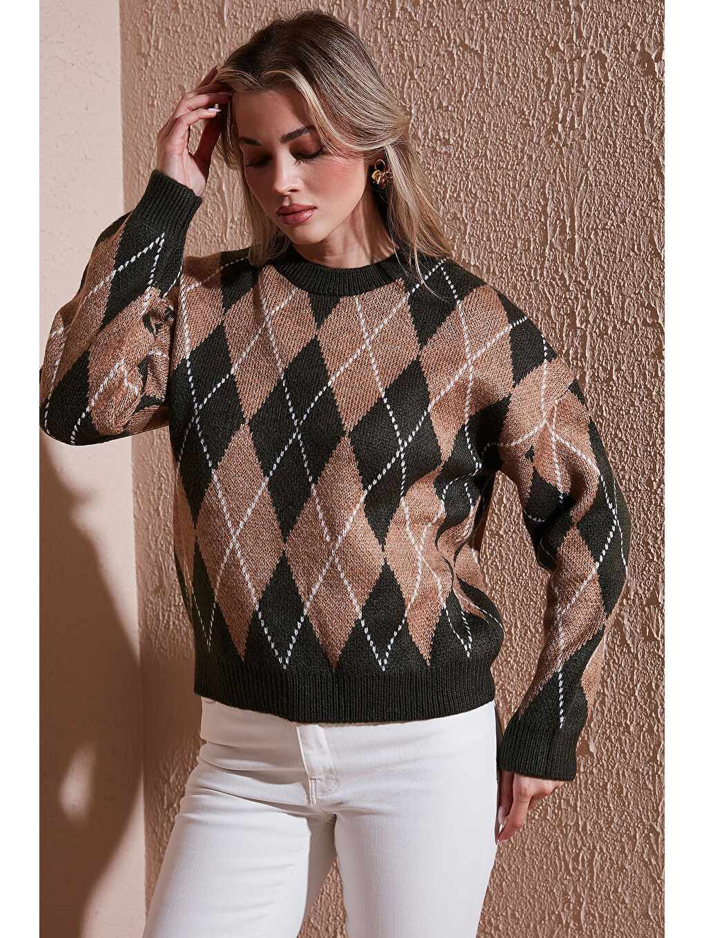 Haki Regular Fit Baklava Desenli Bisiklet Yaka Kazak 25K0081K1-3