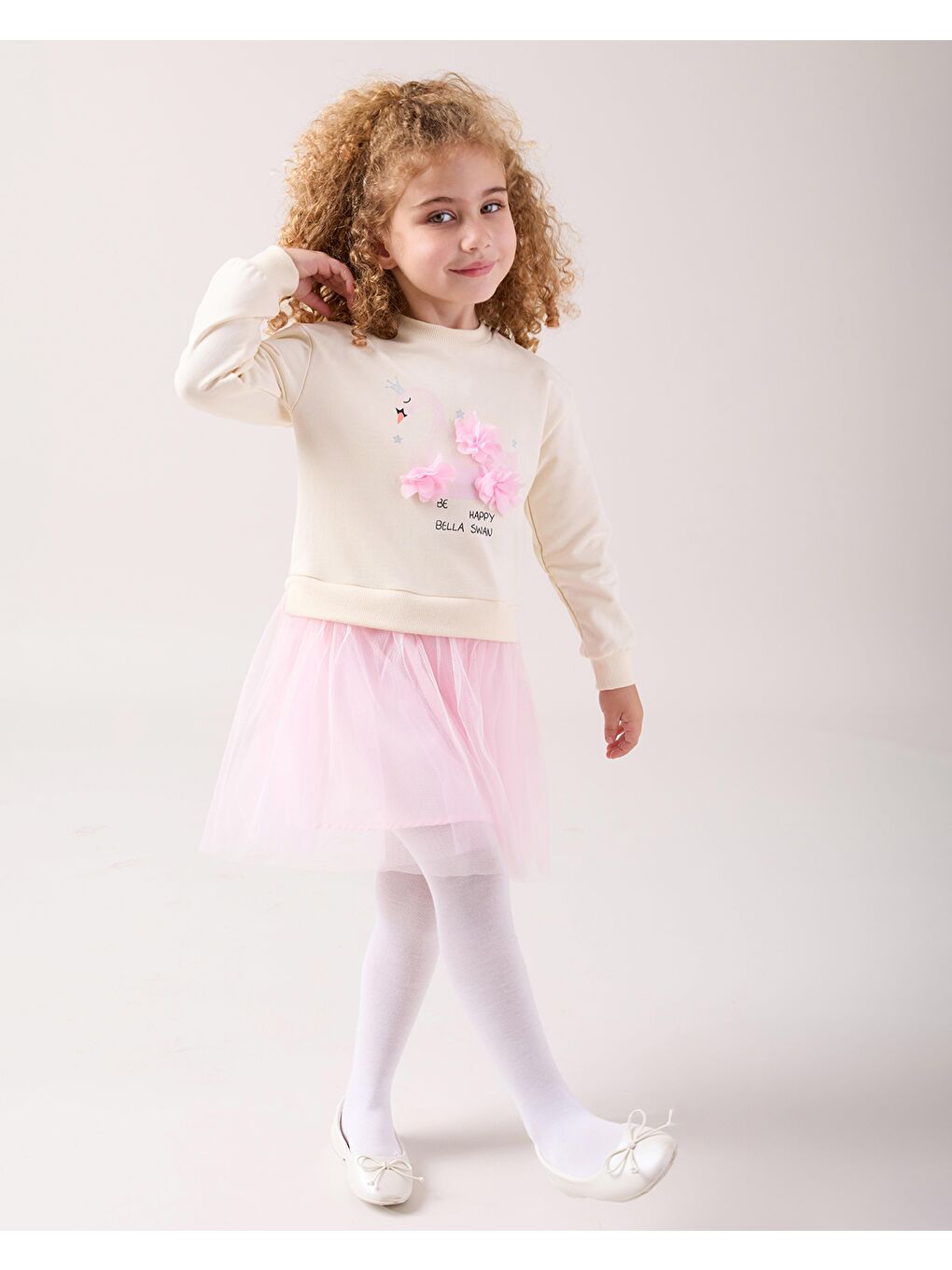 Karışık Kız Çocuk Pamuklu Ekru Sweatshirt Detaylı Pembe Tüllü Elbise - Çiçek Aplikeli-4
