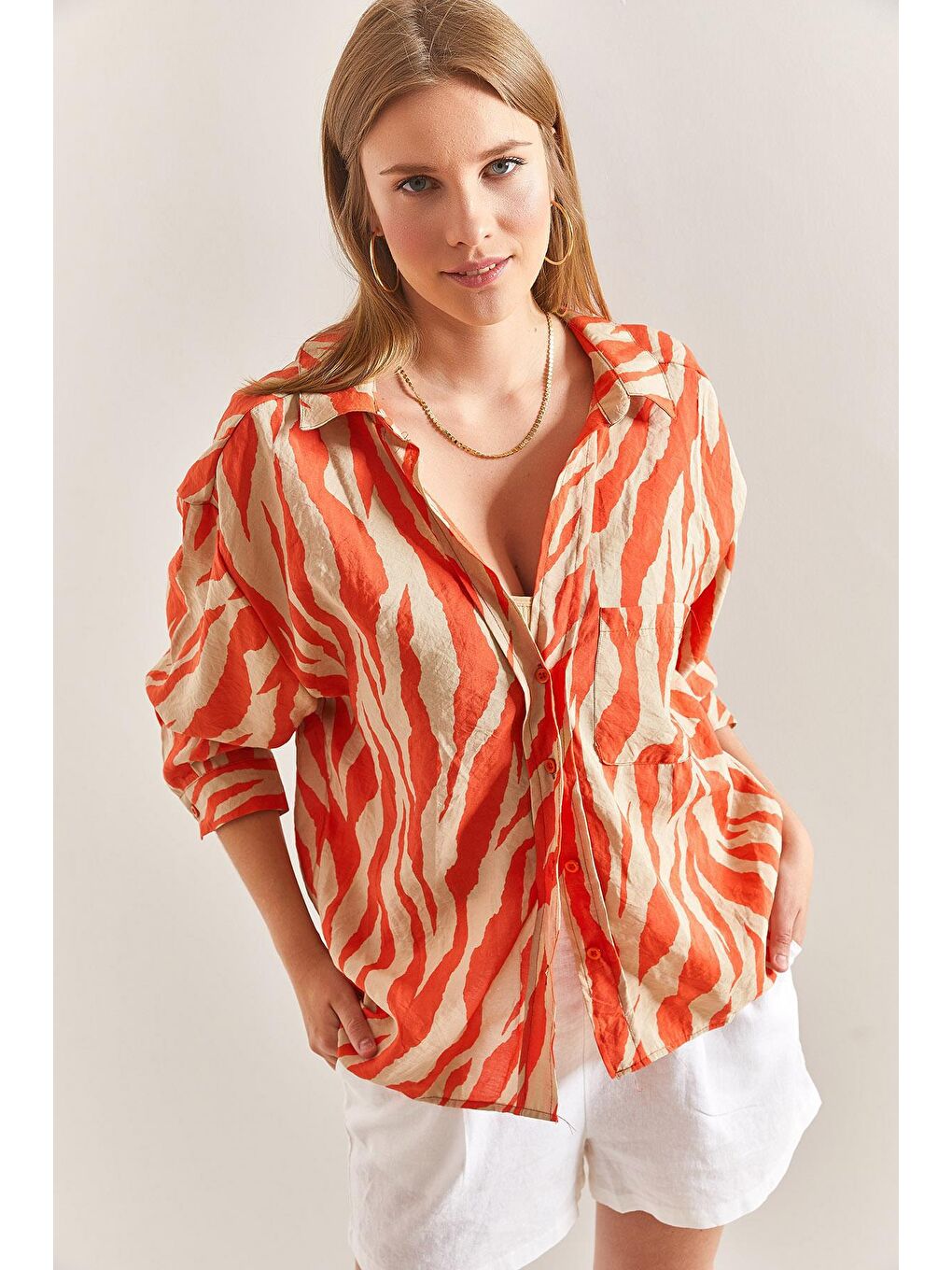 Tek Cepli Baskılı Desenli Gömlek - Turuncu-6