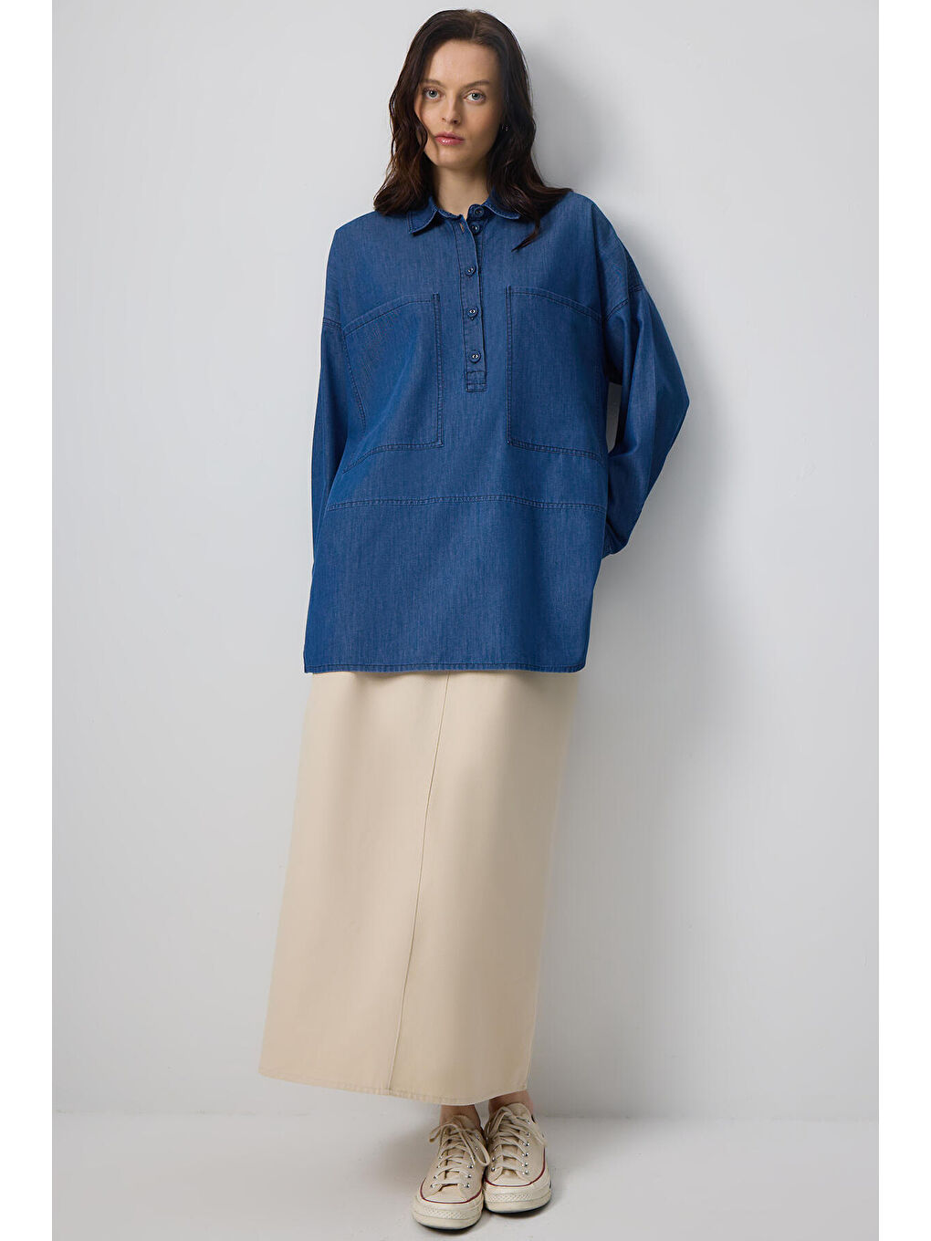 Touché Mavi Gömlek Yaka Denim Efektli Tunik - 2