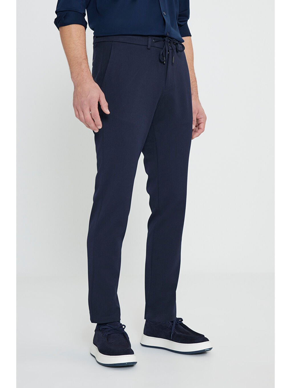 Erkek Lacivert Slim Fit Dar Kesim Beli Bağlamalı Yan Cep Casual Pantolon