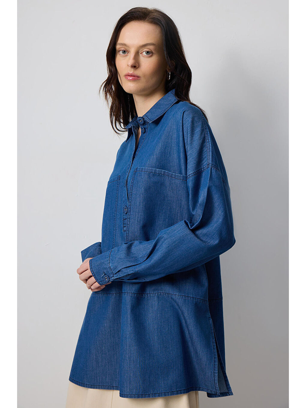 Touché Mavi Gömlek Yaka Denim Efektli Tunik - 3