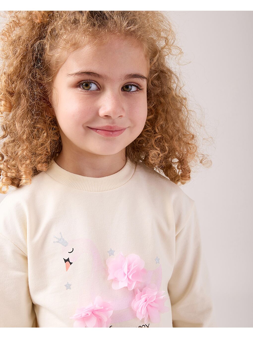 Karışık Kız Çocuk Pamuklu Ekru Sweatshirt Detaylı Pembe Tüllü Elbise - Çiçek Aplikeli-5