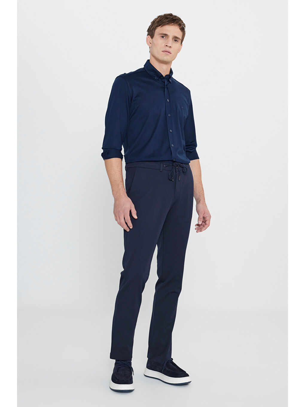 Erkek Lacivert Slim Fit Dar Kesim Beli Bağlamalı Yan Cep Casual Pantolon-1