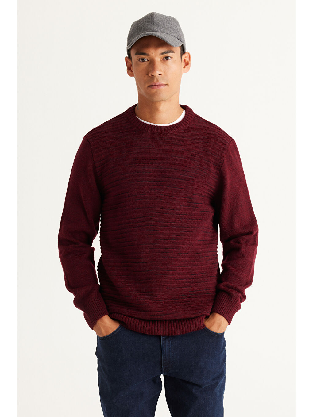 Erkek Bordo-Siyah Standart Fit Normal Kesim Bisiklet Yaka Desenli Triko Kazak