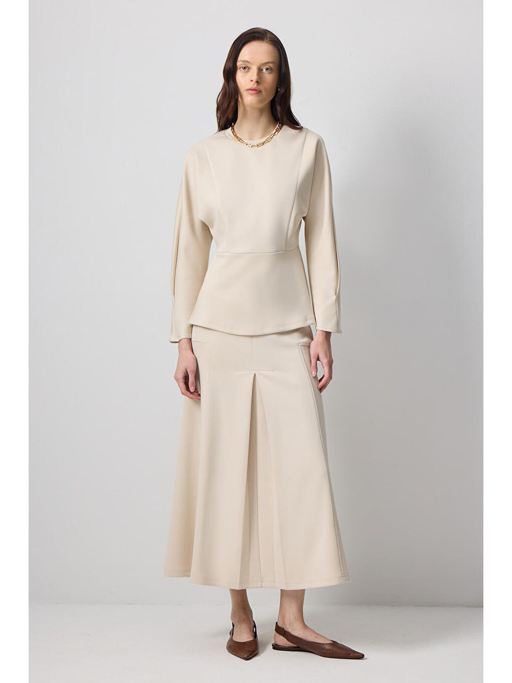 Ekru Bluz Etek Örme Takım-1