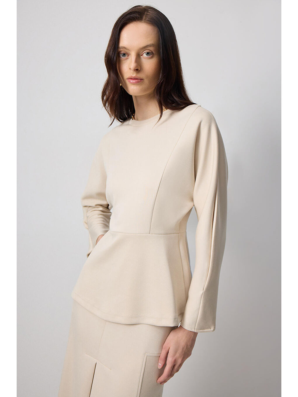 Ekru Bluz Etek Örme Takım-2