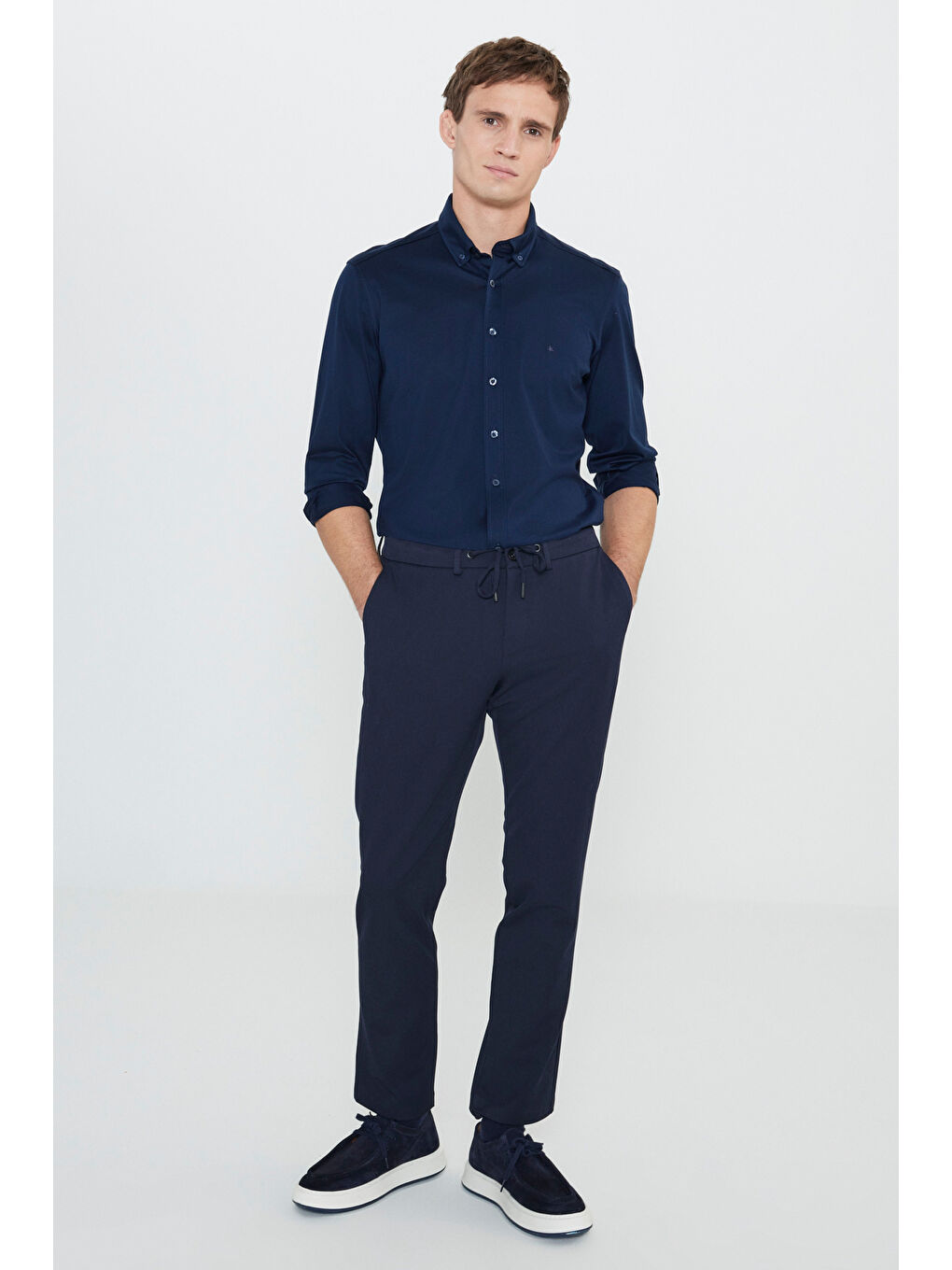 Erkek Lacivert Slim Fit Dar Kesim Beli Bağlamalı Yan Cep Casual Pantolon-2