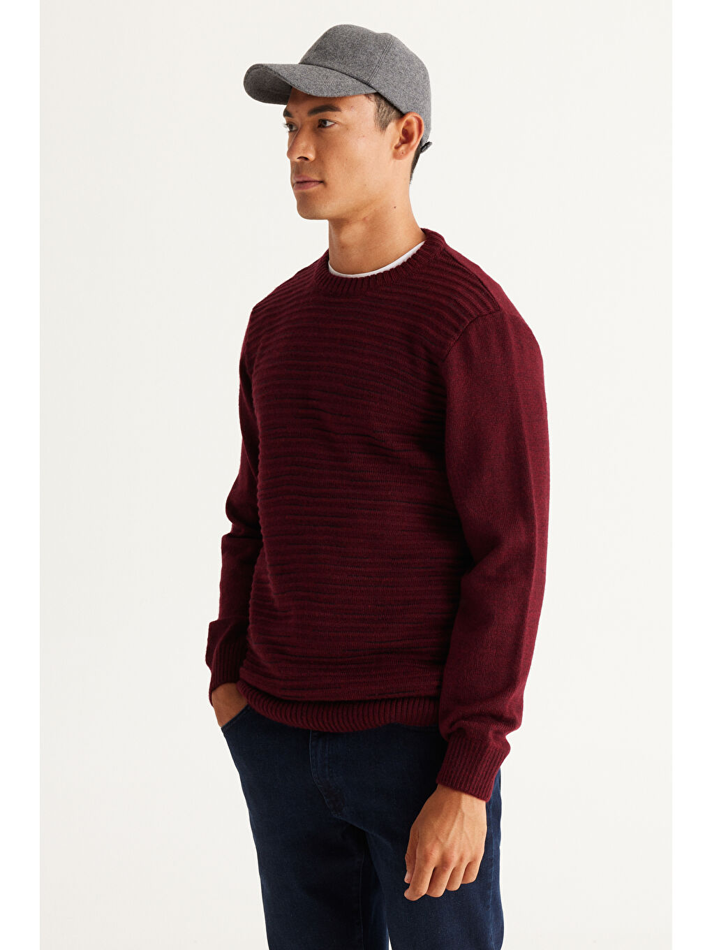 Erkek Bordo-Siyah Standart Fit Normal Kesim Bisiklet Yaka Desenli Triko Kazak-2