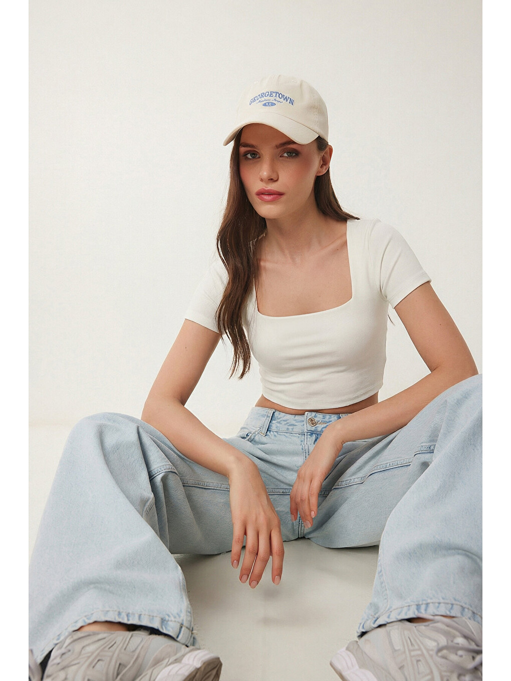Ekru Kare Yaka Crop Örme Bluz EKRU LEX0005