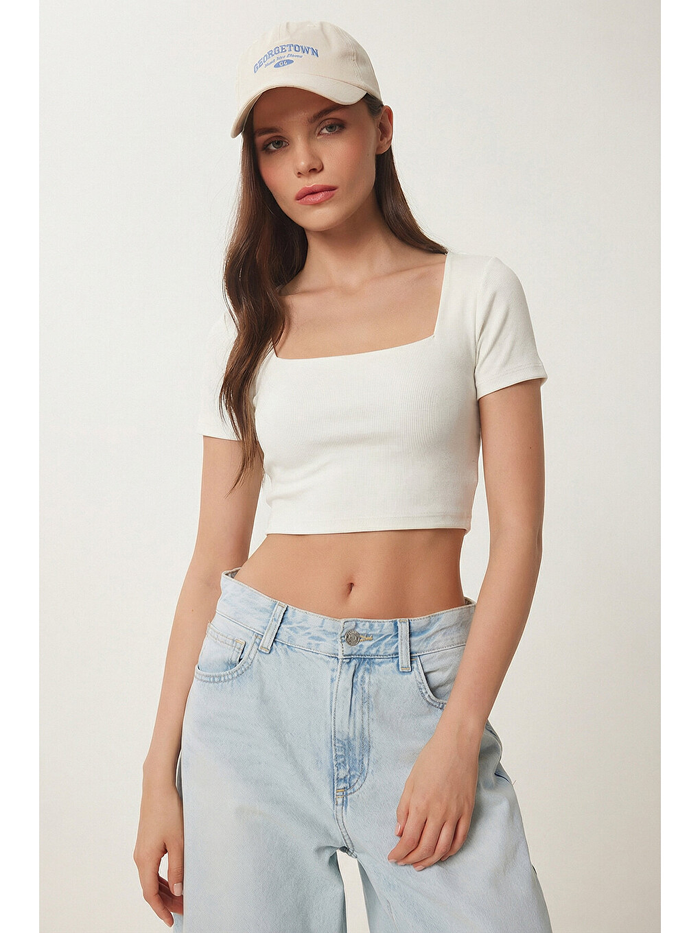 Ekru Kare Yaka Crop Örme Bluz EKRU LEX0005-1