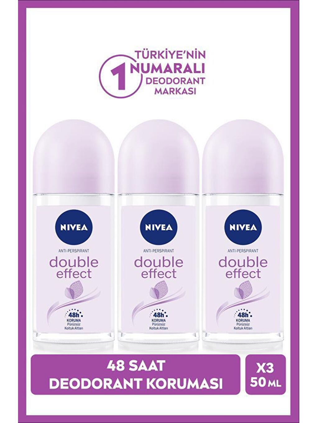 NIVEA Kadın Roll-on Deodorant Double Effect 50ml, 48 Saat Koruma, X3 Adet