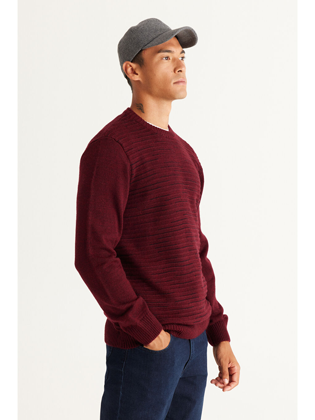 Erkek Bordo-Siyah Standart Fit Normal Kesim Bisiklet Yaka Desenli Triko Kazak-3